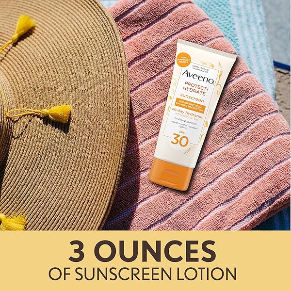 AVEENO PROTECT + HYDRATE MOISTURIZING SUNSCREEN LOTION WITH BROAD SPECTRUM SPF 30 & PREBIOTIC OAT, WEIGHTLESS SWEAT & WATER-RESISTANT FULL BODY SUNSCREEN, OXYBENZONE-FREE, 3.0 FL. OZ