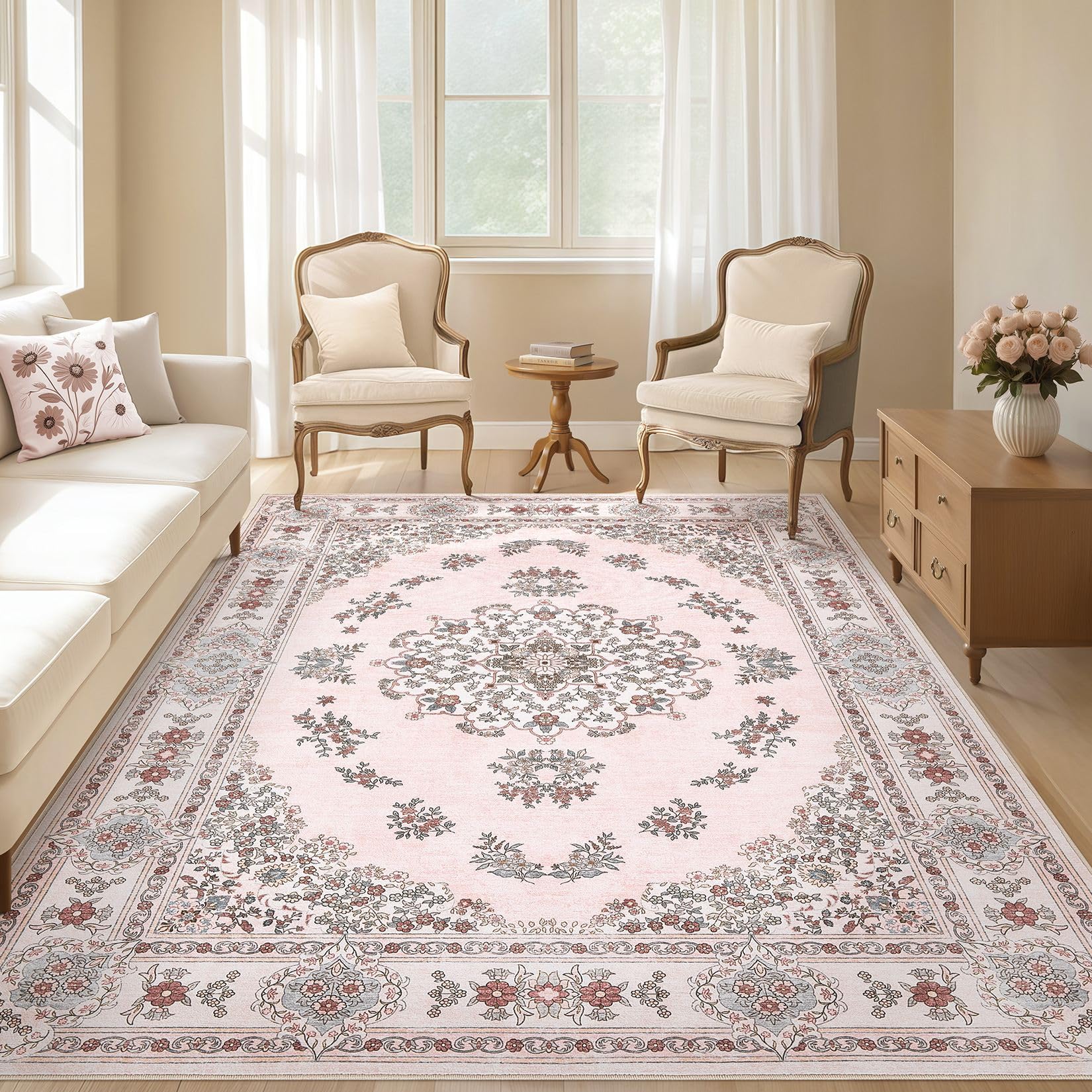 Nakagishi 10x14 Area Rugs Living Room: Washable Boho Large Neutral Modern Soft Farmhouse Rug Stain Resistant Indoor Non-Slip Carpet for Bedroom Girls Nursery Kids Playroom Dorm Preppy Baby Room- Pink Image