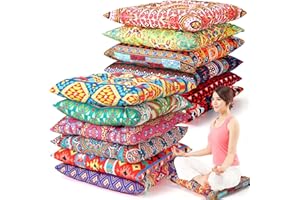 Nuogo 12 Pcs Bohemian Floor Cushions Bulk 15 Inch Boho Floor Sitting Pillows Yoga Mandala Meditation Pouf for Living Room Balcony Office Tatami(Square)