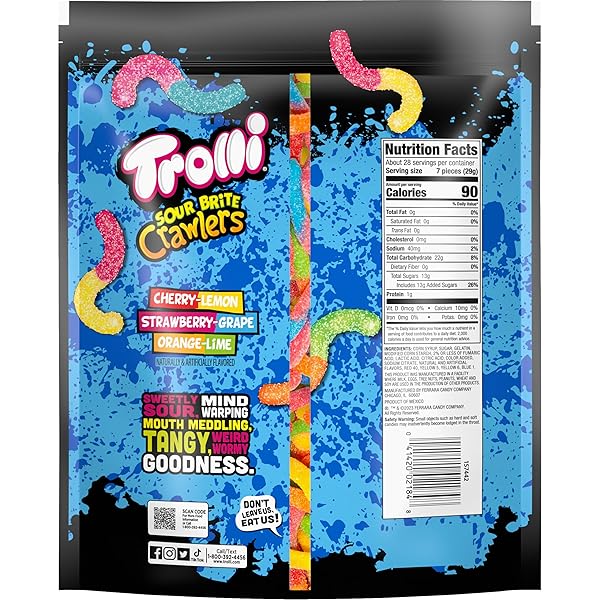 TROLLI SOUR BRITE CRAWLERS, CANDY, CHERRY-LEMON, STRAWBERRY-GRAPE & ORANGE-LIME, SWEET AND SOUR, GUMMY WORMS, 28.8 OZ