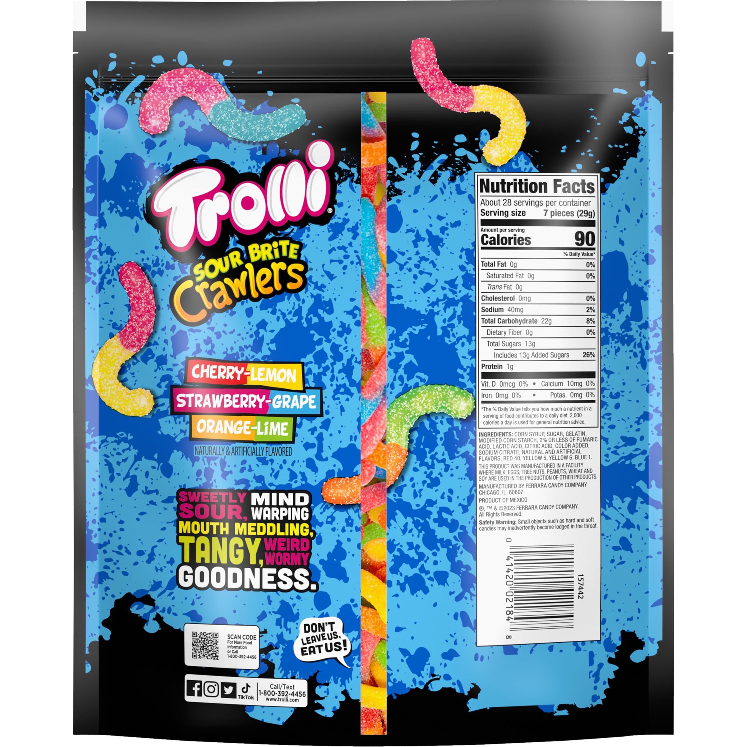 Trolli Sour Brite Crawlers, Candy, Cherry-Lemon, Strawberry-Grape & Orange-Lime, Sweet and Sour, Gummy Worms, 28.8 oz