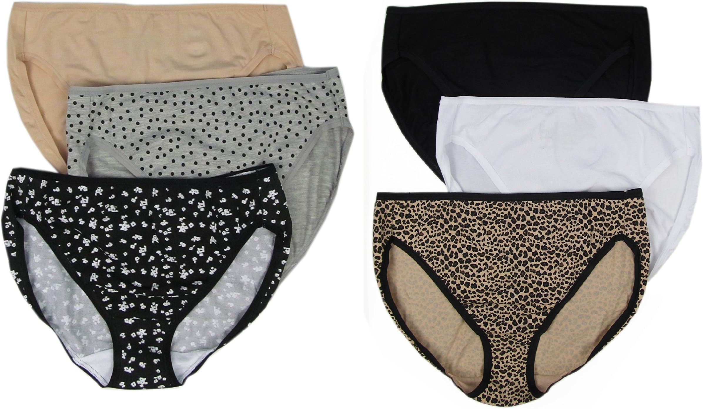 Felina Women's 6-Pack Cotton Stretch Cut Panty. (Large, Beige/Grey/Black/Animal/White)