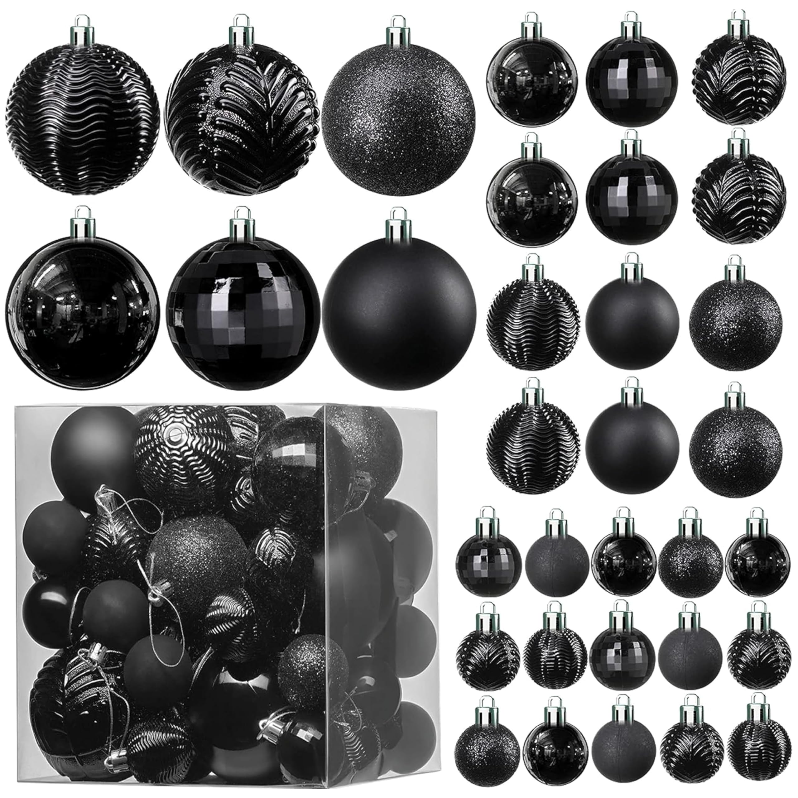 Prextex Black 36-Piece Shatterproof Christmas Ball Ornaments - Glitter Baubles and Shape Styles for Tree Decorations, Exquisite Xmas Combo
