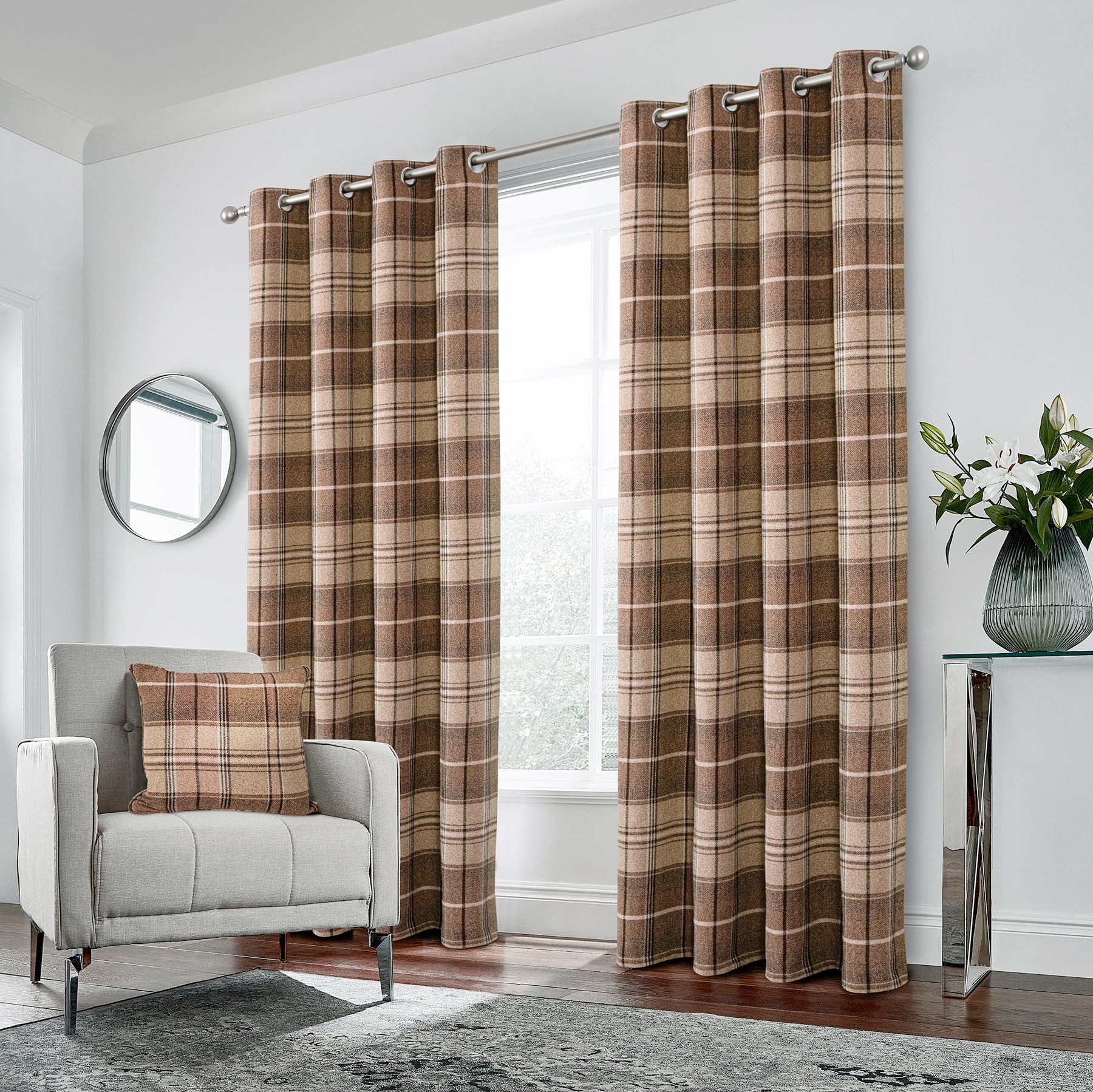 always4u 100% Blackout Curtains Check Eyelet Bedroom Tartan Curtain Plaid Brushed Cheque Pair of Highland Woolen Look Window Treatment for Living Room Light Coffee 46 * 72 Inches