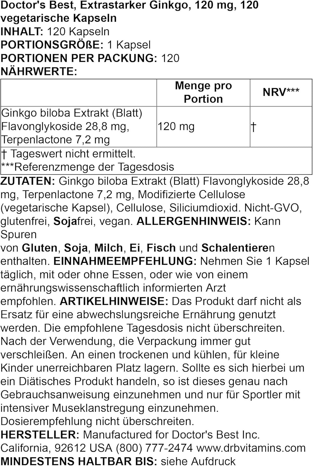 Doctor's Best Extra Strength Ginkgo, Non-GMO, Gluten Free, Vegan, Soy Free, Promotes Mental Function and Memory, 120 mg, 120 Count (Pack of 1): Health & Personal Care