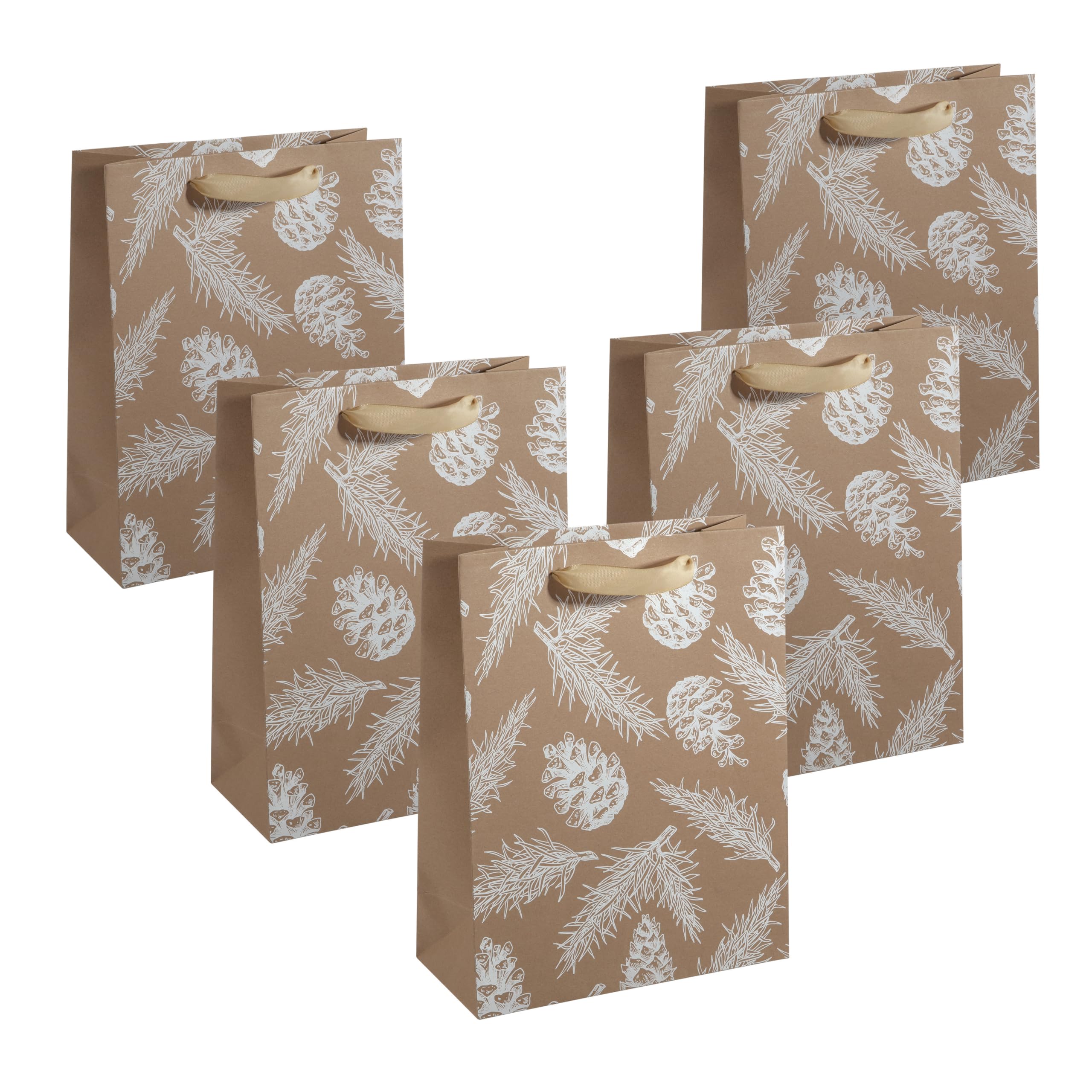 Sigel GT120/5 Large Premium Paper Gift Bags, Set of 5, Brown/White, with Silk Ribbon Handles, 26 x 33 x 12 cm, Pine Cones and Pine Branches, Paper Gift Bags Christmas