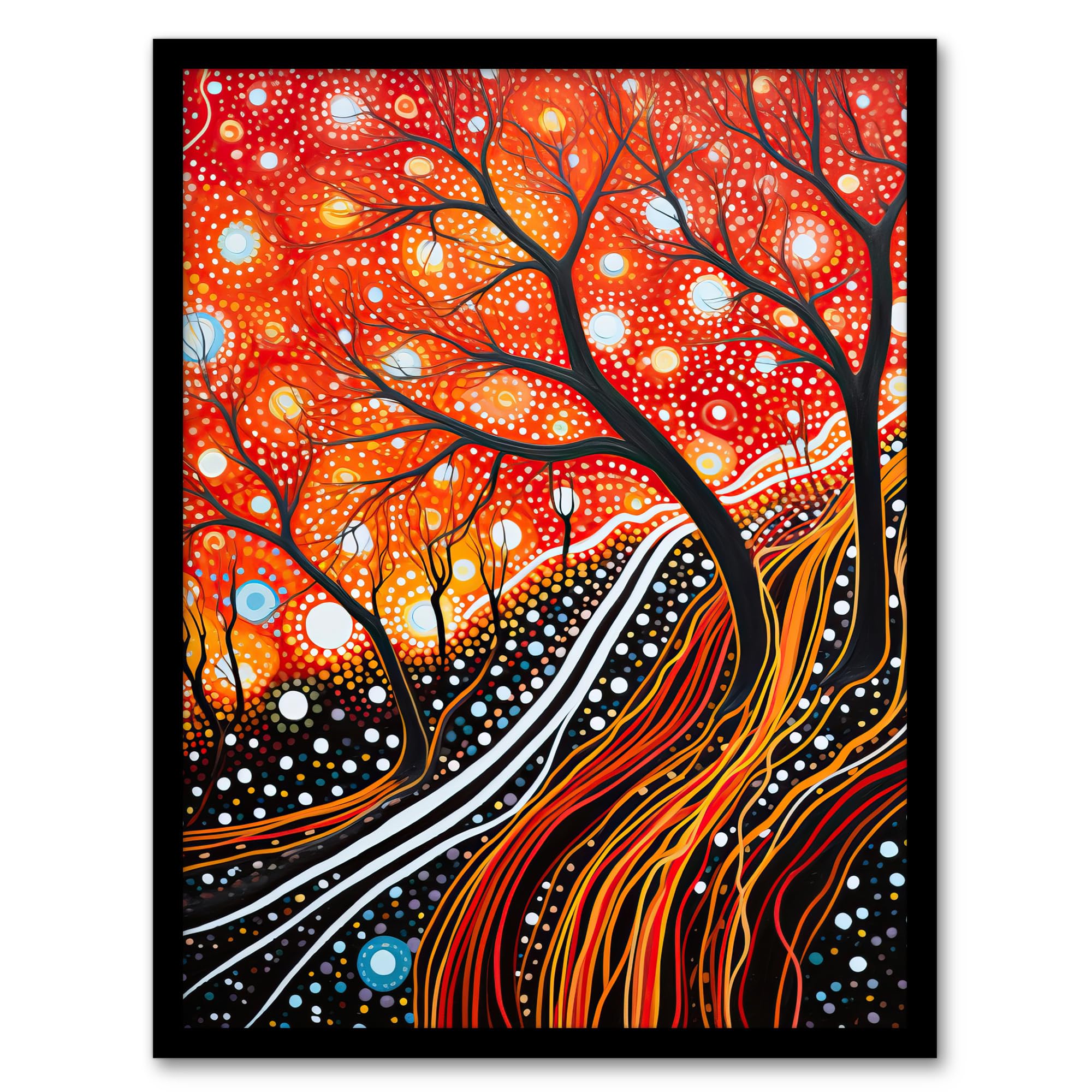 Artery8 Modern Vibrant Striking Aboriginal Style Artwork Painting Reds Orange Trees And Roots Stars And Sky Art Print Framed Poster Wall Decor 12x16 inch