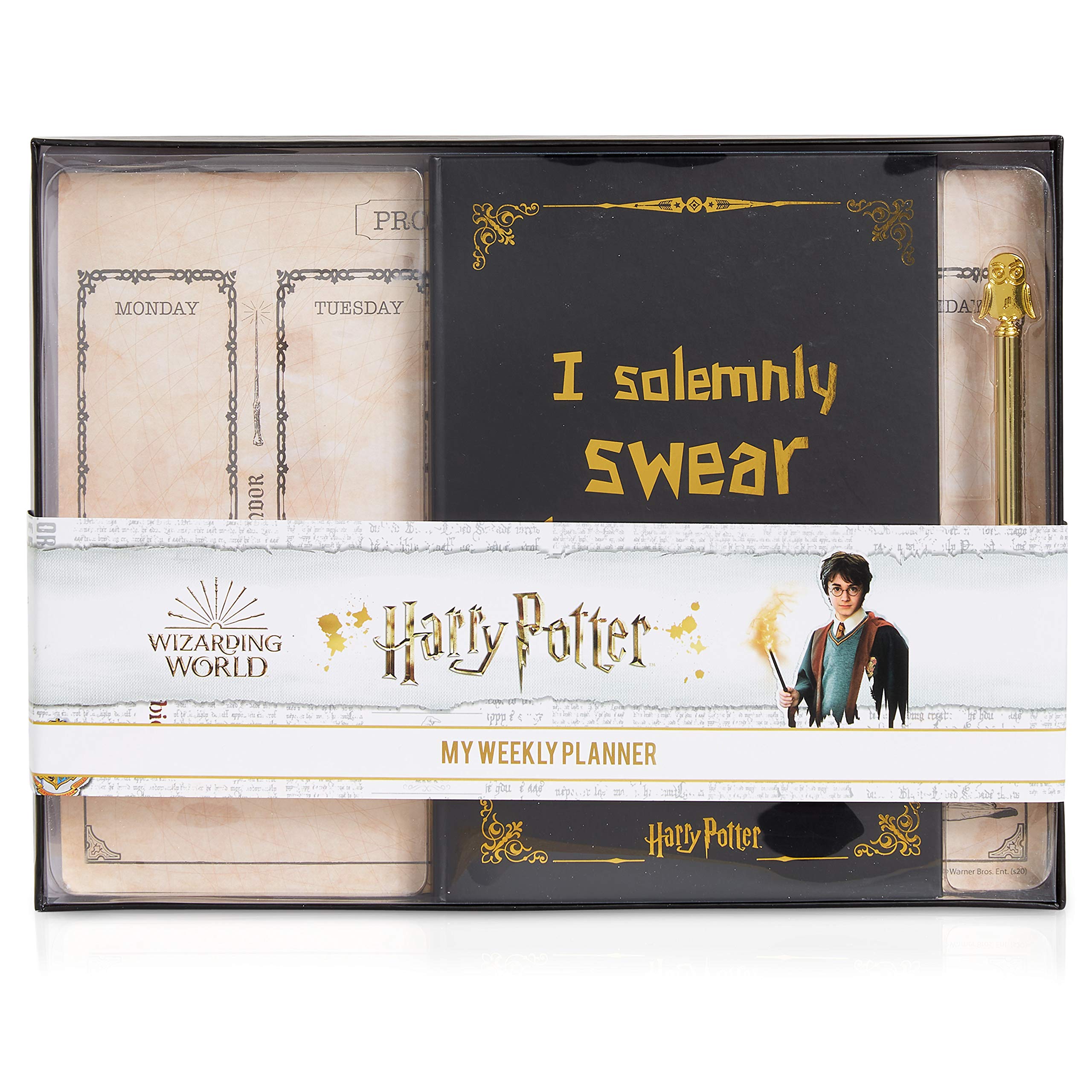 Harry Potter Weekly Planner, 3 Piece Stationery Set with Notebook A5, Hedwig Golden Pen, A4 Desk Planner Pad with Daily Calendar Sections Plus Memo Jotter and to Do List Section