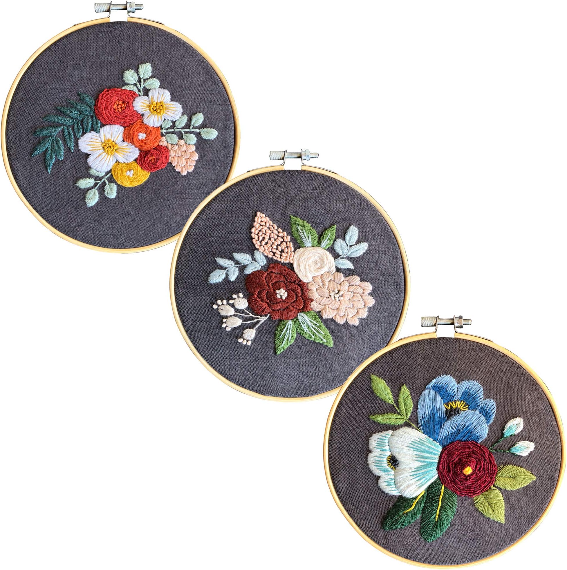 3 Sets Embroidery Kits, Full Range of Embroidery Starter Kit with Pattern DIY Stitch Kit for Beginner Including Cloth, Hoop, Threads, Tools Kit