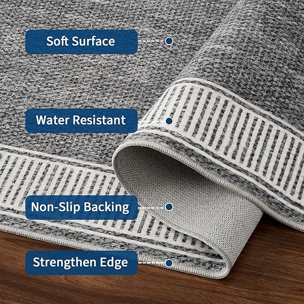 GARVEEHOME WASHABLE RUG 5X7 FOR BEDROOM LARGE LIVING ROOM RUG WITH RUBBER BACKING CASUAL STRIPED BORDER THROW CARPET MODERN CONTEMPORARY AREA RUG FOR DINING ROOM NURSERY ENTRY, GREY
