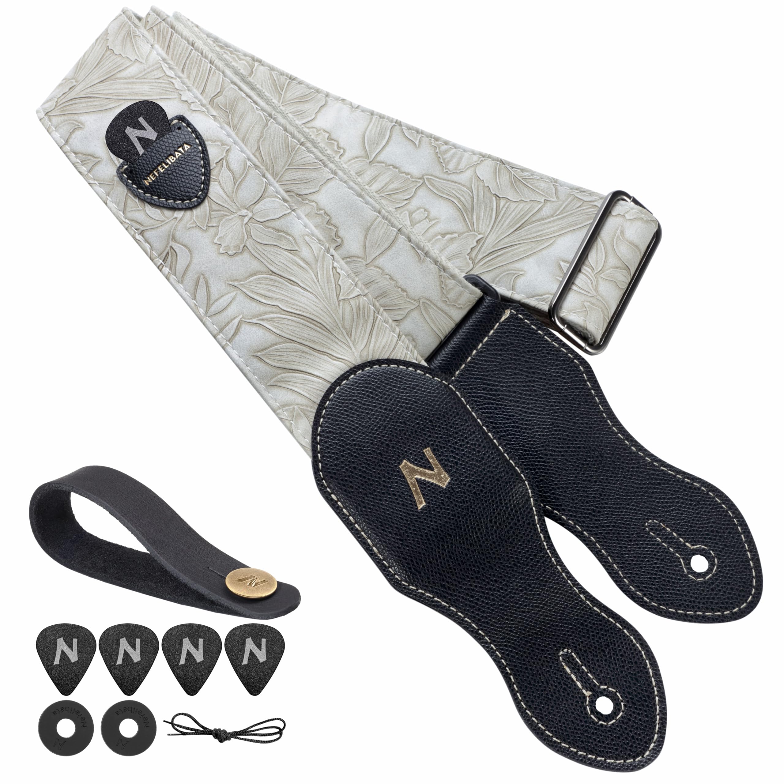 Nefelibata Guitar Strap with Pick Pocket,2.3 inch Porter Style Leather Carving Guitar Straps, Leather Ends,60s Western Vintage,Guitar Pick,Strap Button and Strap Lock (White) (FN-JTBD-PD100)