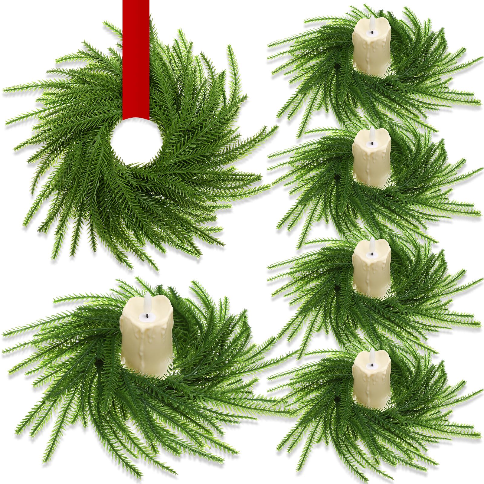 Photo 1 of Yuefunny 8 Pcs Mini Wreaths for Cabinets, 9.8 Inch Christmas Norfolk Pine Candle Rings, Artificial Small Wreath Garland Xmas Candle Ring Holder for Kitchen Cabinet Window Chair Wall Table Centerpiece