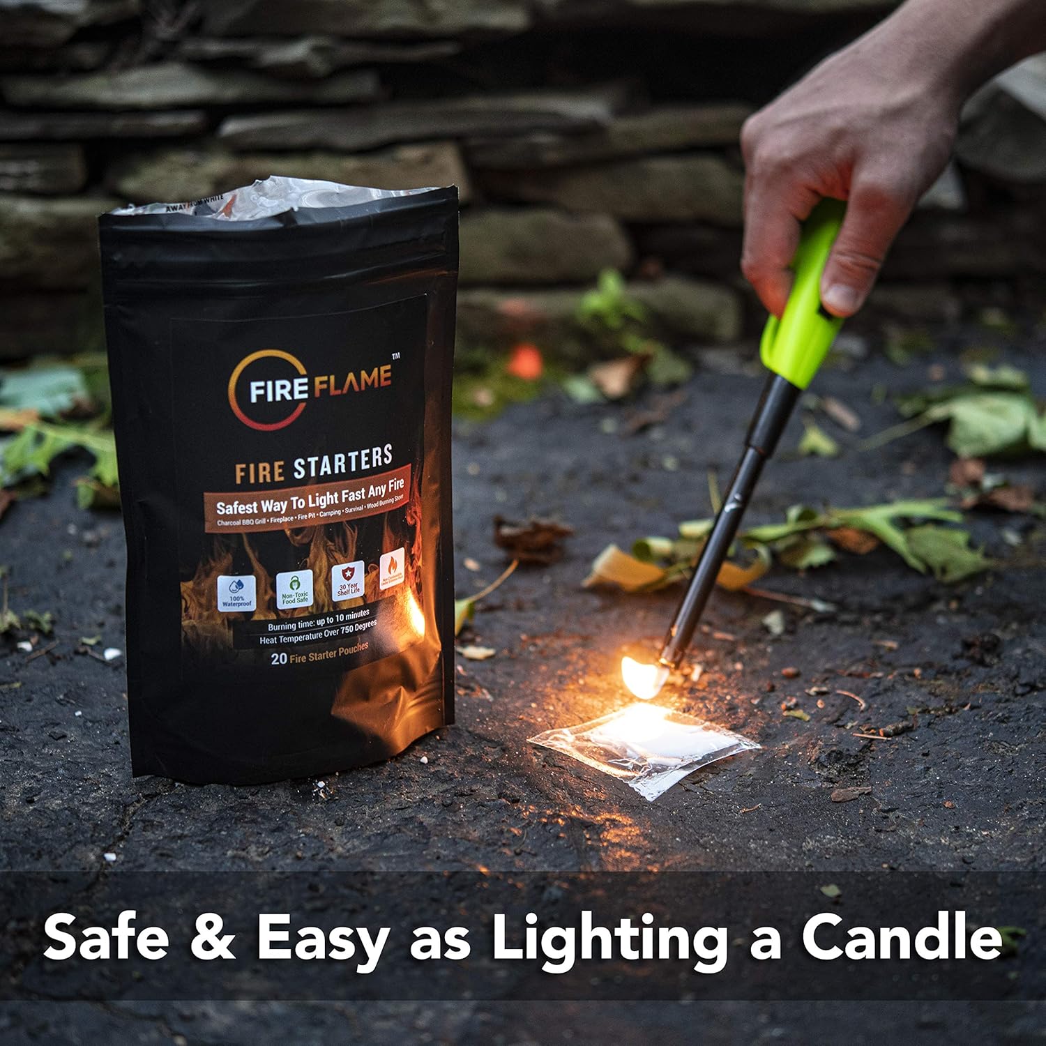 FireFlame Quick Instant Fire Starter - 100% Waterproof All-Purpose Indoor & Outdoor FireStarter, for Charcoal Starter, Campfire, Fireplace, Firepit, Smoker - Odorless and Non-Toxic - 20 Pouches in Bag: Sports & Outdoors