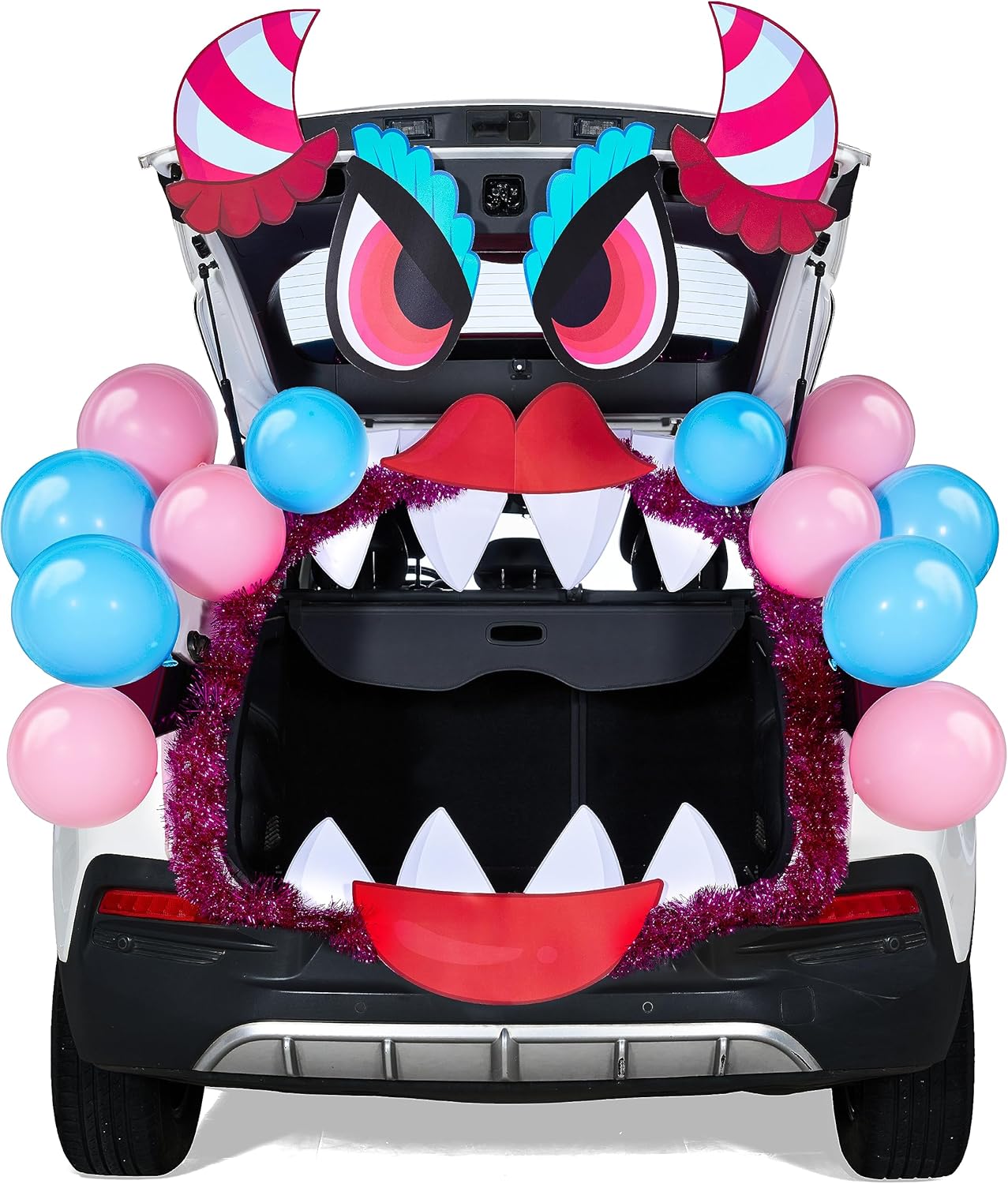 Garage Door Decorations - JOYIN Halloween Trunk or Treat Car Decorations Kit with Pink Monster Design, Car Archway Garage Decoration with Horns, Mouth, Eyes, Balloons and Tinsel Streamer Garland