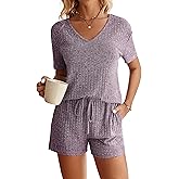 Ekouaer Womens 2 Piece Lounge Sets Summer Two Piece Outfits Ribbed Knit V Neck Short Sleeve Tee and Pockets Shorts Sets