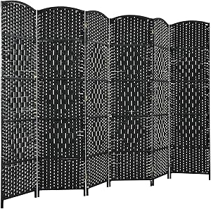 Giantex 6 Panel 6 Ft Tall Room Divider, Freestanding Wood Partition Room Dividers w/ Hand-Made Woven Paper Fiber, Indoor Outdoor Folding Privacy Screen for Balcony, Office, Living Room (Black)
