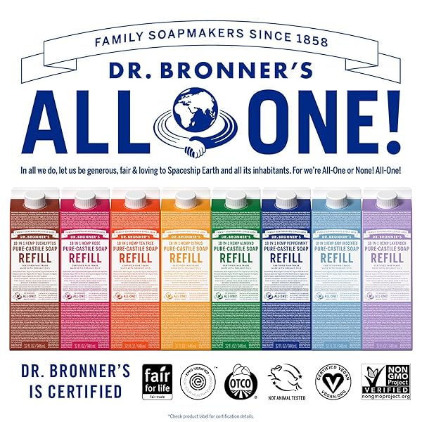 DR. BRONNER’S – PURE-CASTILE LIQUID SOAP REFILL, 82% LESS PLASTIC PER QUART, MADE WITH ORGANIC OILS, 18-IN-1 USES, FOR FACE, BODY, HAND SOAP REFILL, HAIR, LAUNDRY, PETS & DISHES (32OZ, ALMOND)
