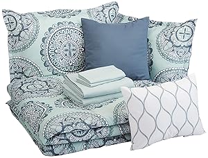 AmazonBasics 10-Piece Comforter Bedding Set, King, Sea Foam Medallion, Microfiber, Ultra-Soft