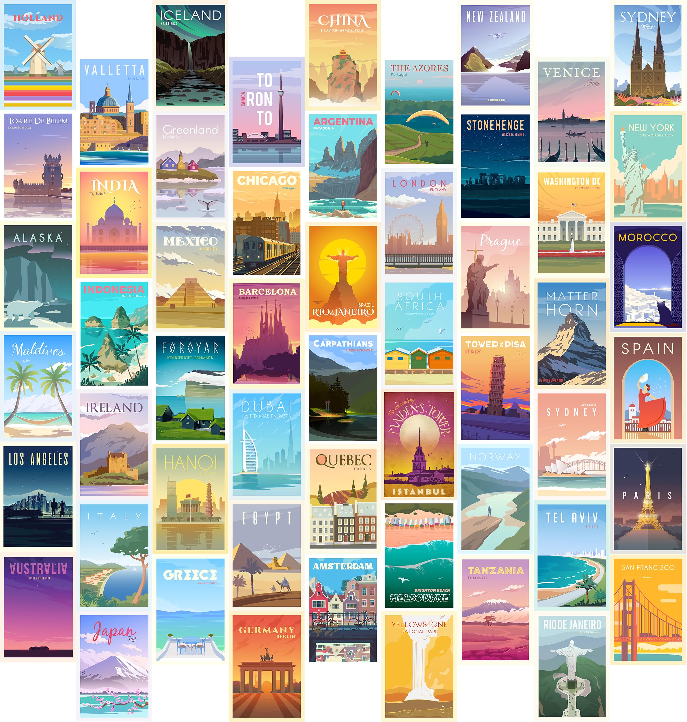 EDUS Vintage Travel City Wall Collage Kit Room Aesthetic, 54PCS (4x6 inch), Travel Posters Room Decor For Teen Girls Boys, Popular Cities Posters for Dorm Decor — image 1