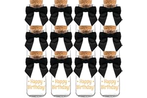 Ethisa Small 12 Pack Adult Birthday Party Favors Glass Bottles with Ribbons and Stickers - Vintage Happy Birthday Favors and Table Centerpieces Decorations - Sturdy Candy Jar for Guests and Kids