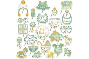 JOLINTAL Sage Green Cute Baby Shower Photo Booth Props - 33 Pcs Natural Gender Reveal Newborn Party Favors for Guest