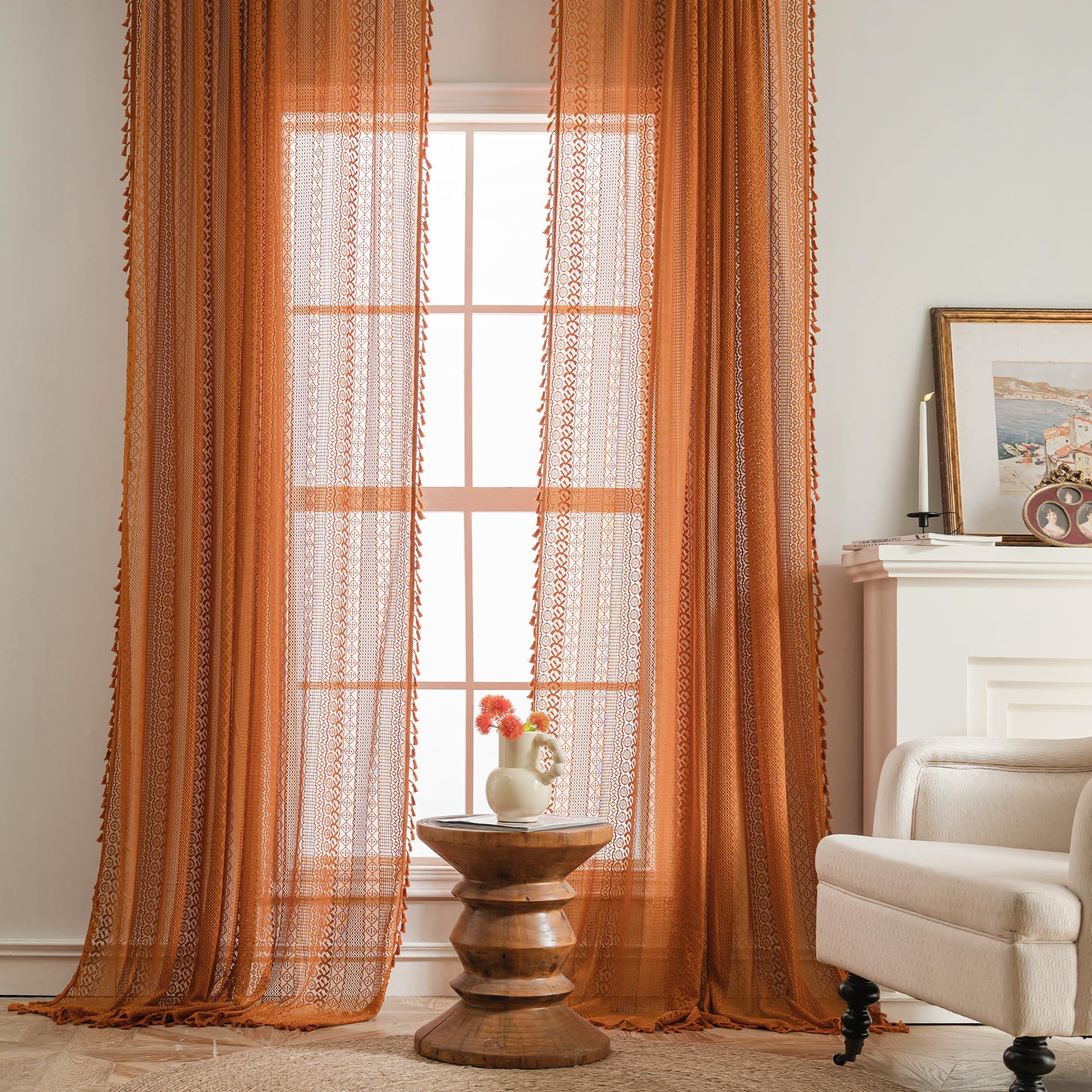 Photo 1 of JOOJA 2 Panels Boho Curtains for Living Room Bohemian Lace Sheer Curtains Crochet Vintage Rust Curtains for Bedroom 59x63