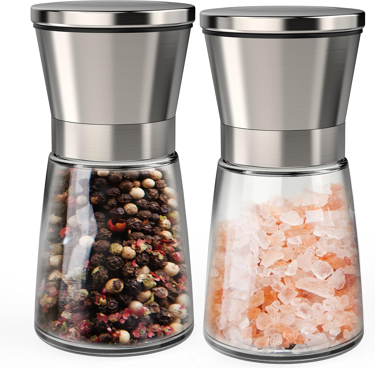Salt and Pepper Grinder Set, Gvoo Premium Stainless Steel Glass Body Salt and Pepper Mills