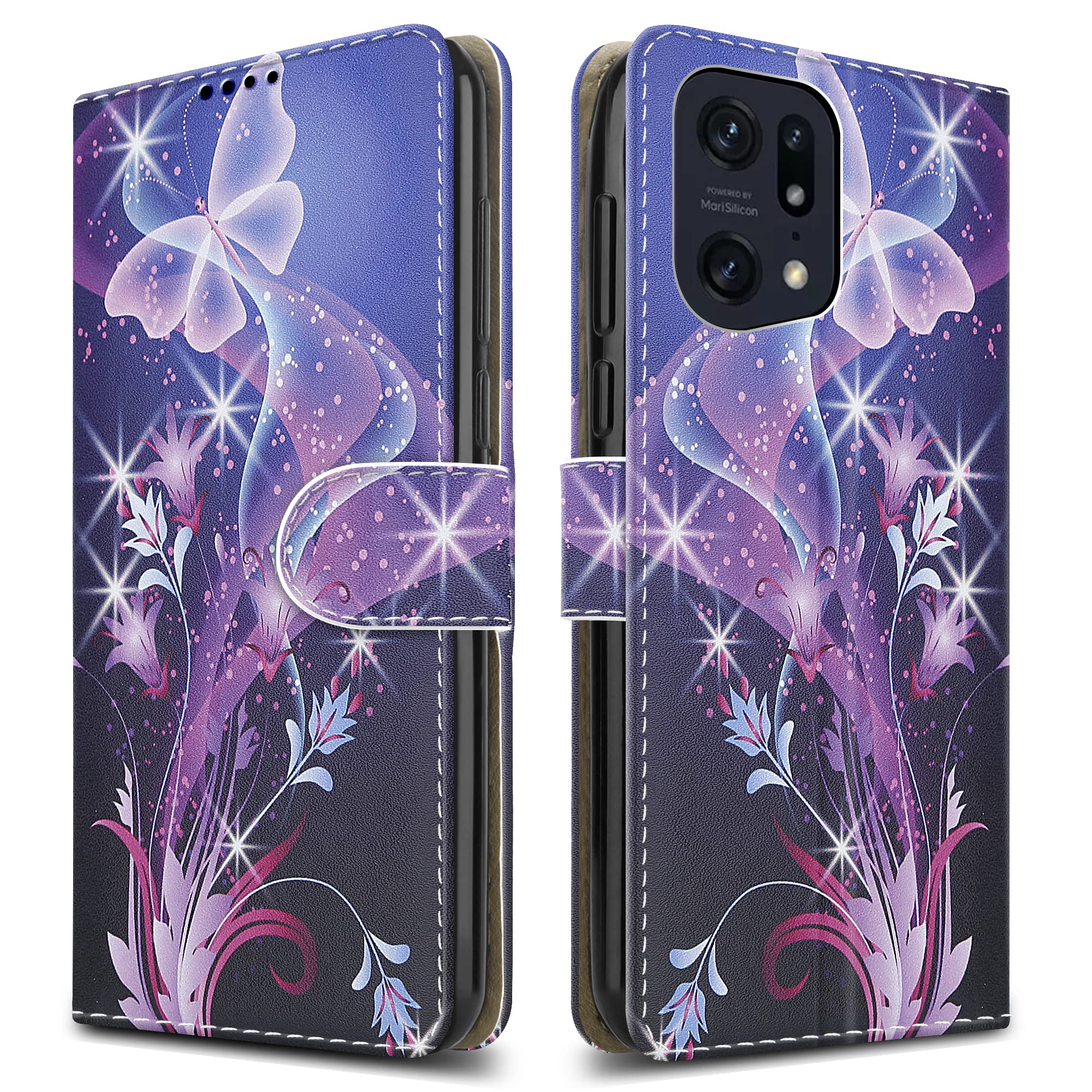 PIXFAB For Oppo Find X5 Pro 5G Leather Phone Case, Magnetic Closure Full Protection Book Folio Design, Wallet Case Cover [Card Slots] and [Kickstand] For Oppo Find X5 Pro 5G - Butterfly