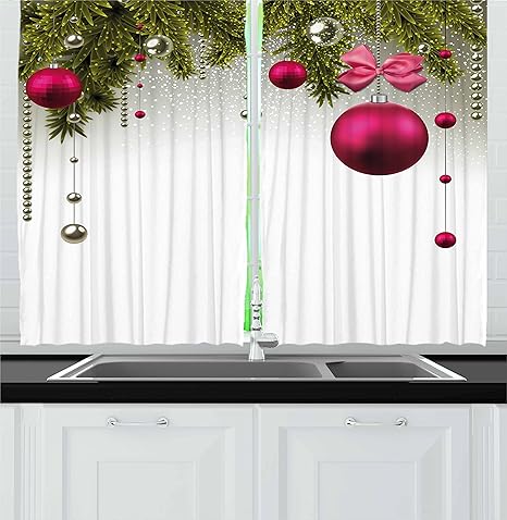 Amazon Com Ambesonne Christmas Kitchen Curtains Vivid Fir Twigs And Magenta Balls Framework Special Day Preparation Window Drapes 2 Panel Set For Kitchen Cafe Decor 55 X 39 Magenta Olive Green Grey Home