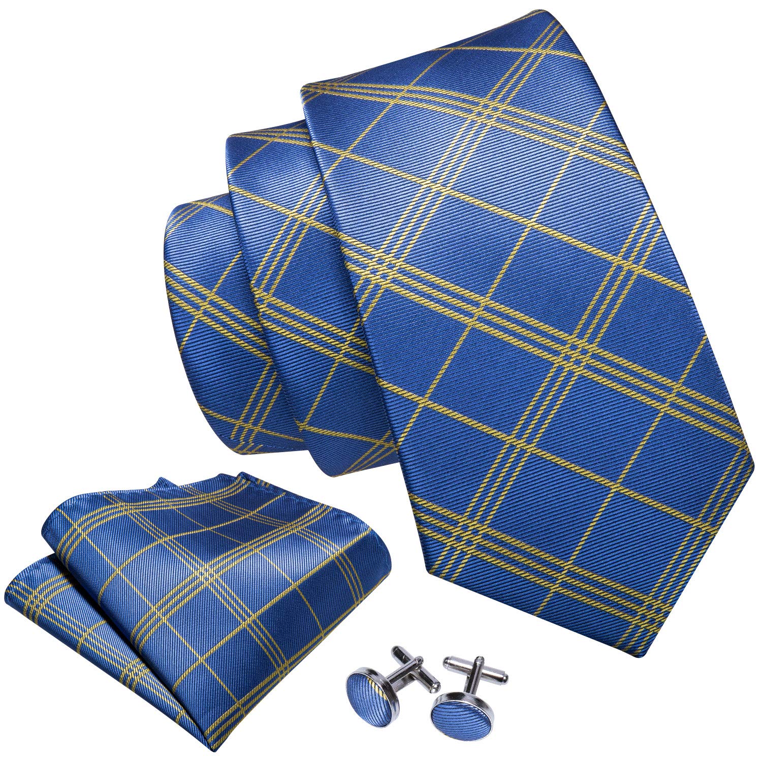 Barry.WangTie Sets for Men Silk Stripe Necktie Woven Checkered Handkerchief Cufflinks Formal Business Wedding