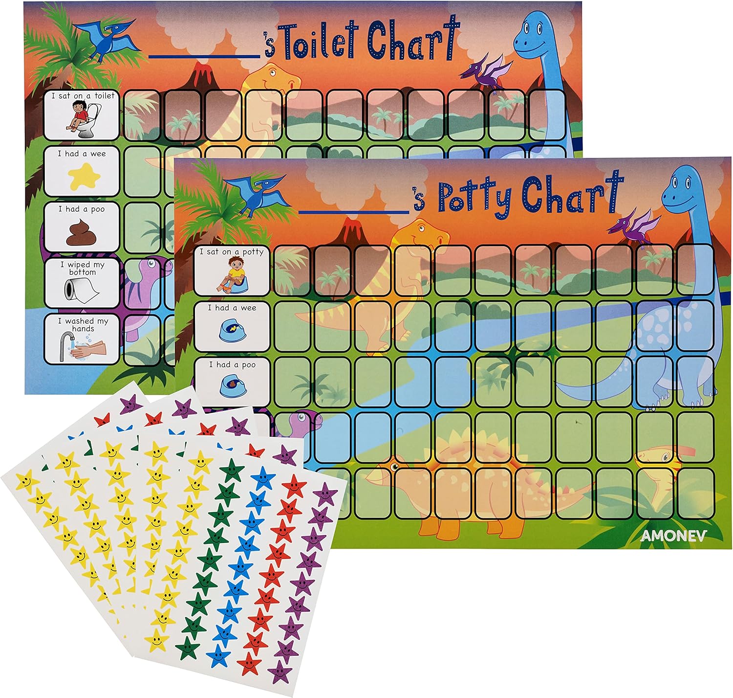 Amonev Dinosaur Toilet Training Reward chart and Potty Training reward chart for boys and girls Toddlers Twin Pack with 225 star stickers included