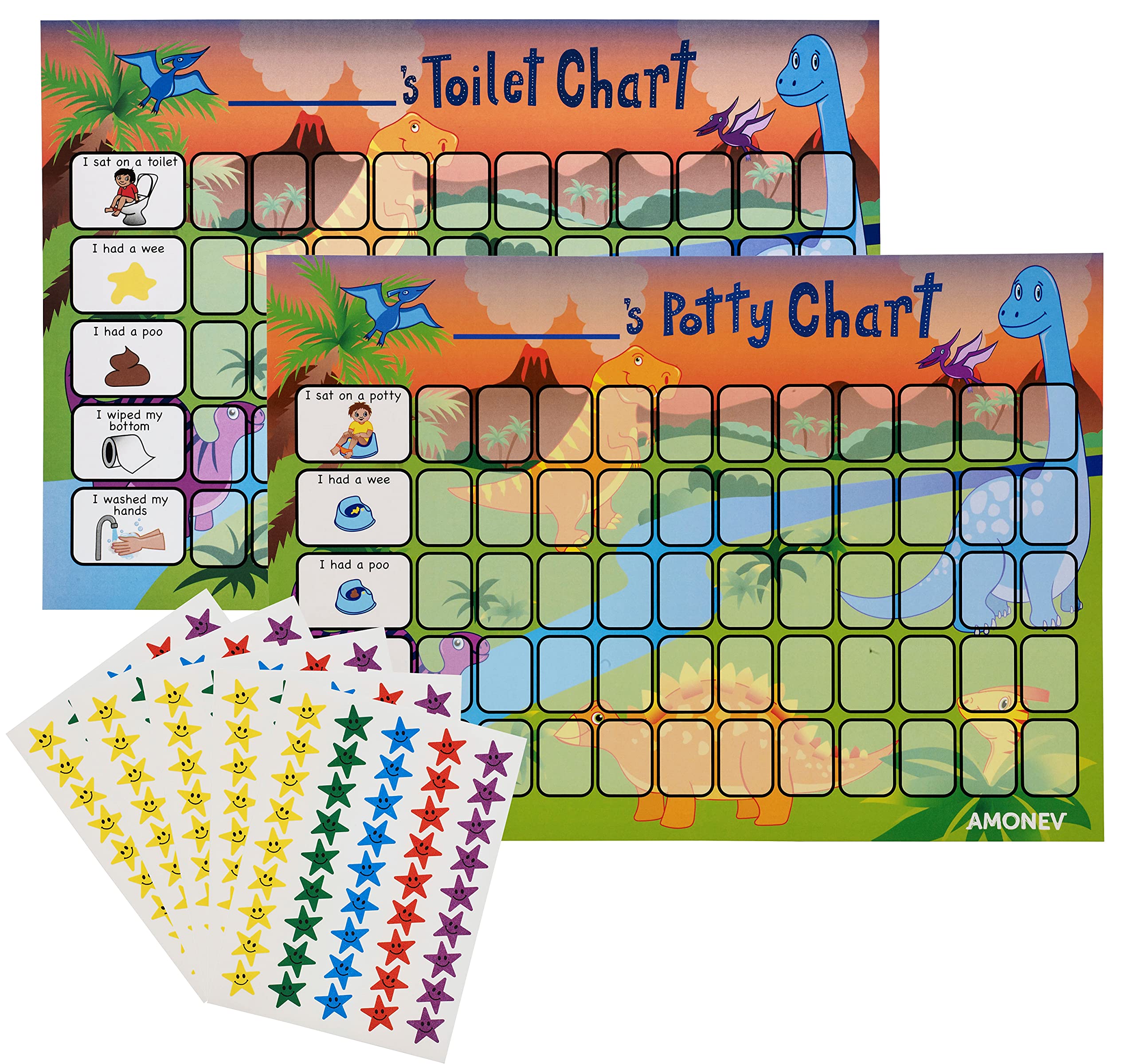 Amonev Dinosaur Toilet Training Reward chart and Potty Training reward chart for boys and girls Toddlers Twin Pack with 225 star stickers included