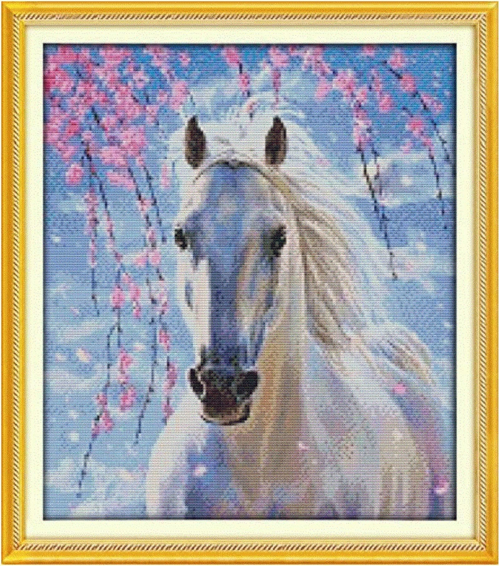 Joy Sunday Cross Stitch Kits 14CT Counted White Horse 14.2"x16.5" Or 36cmx42cm Easy Patterns Embroidery for Girls Crafts DMC Cross-Stitch Supplies Needlework