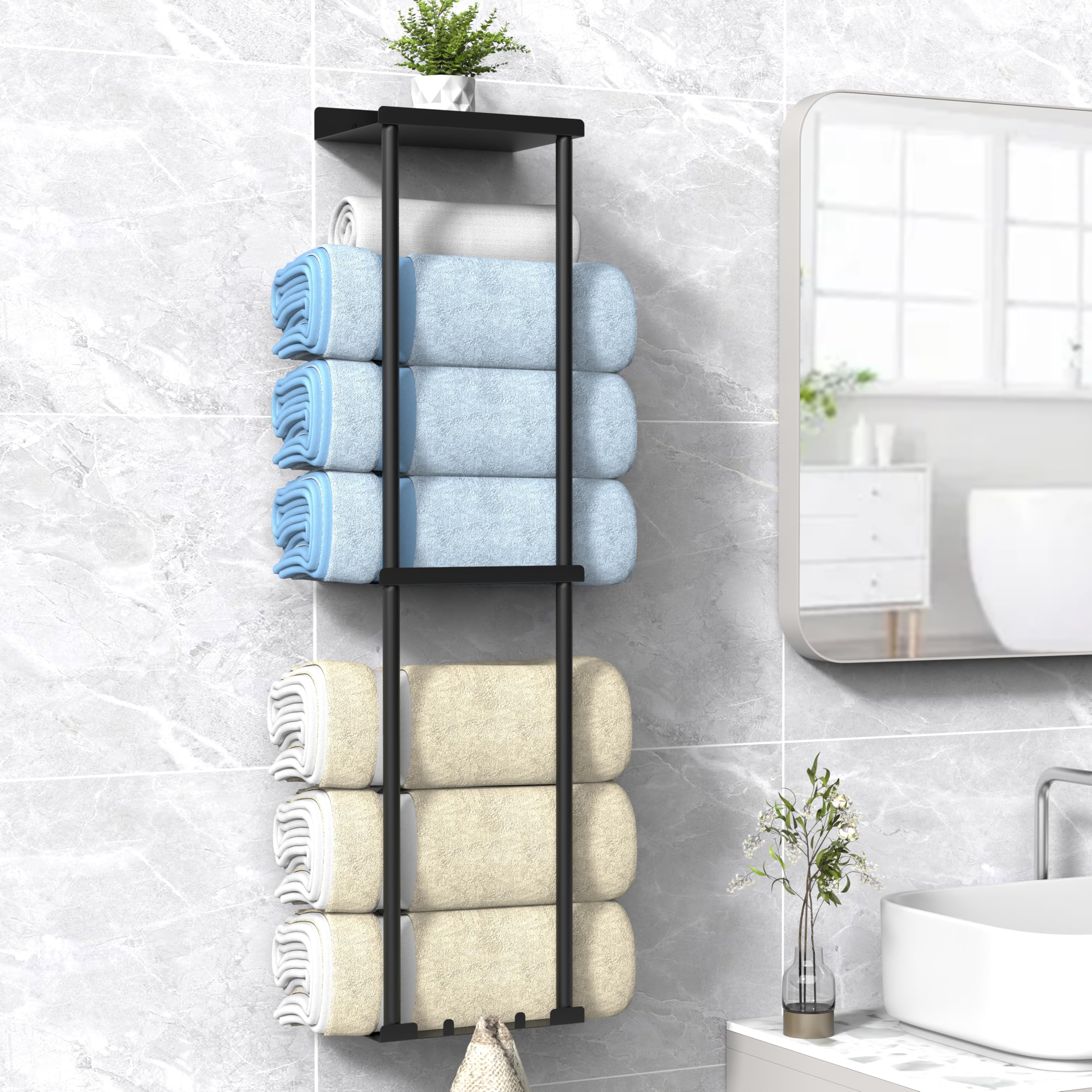 Photo 1 of ***READ CLERK NOTES*** Liuoud Towel Rack for Bathroom, Wall Mounted Vertical Rolled Towel Storage Organizer Holder with Shelf, Holds Up 6 Large Bath Sheets, Black