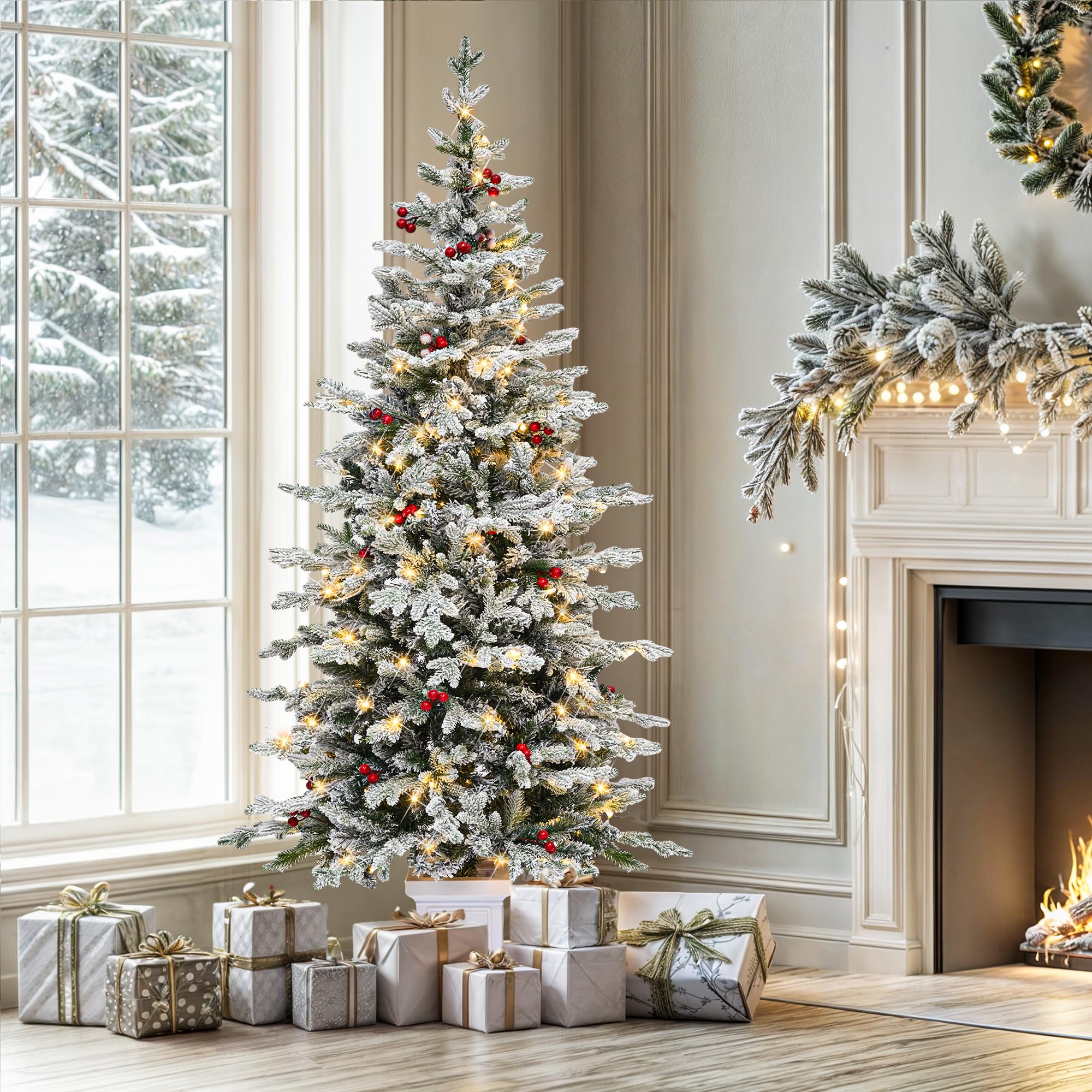 YITAHOME Potted Pre-Lit Flocked Arctic Fir Pencil