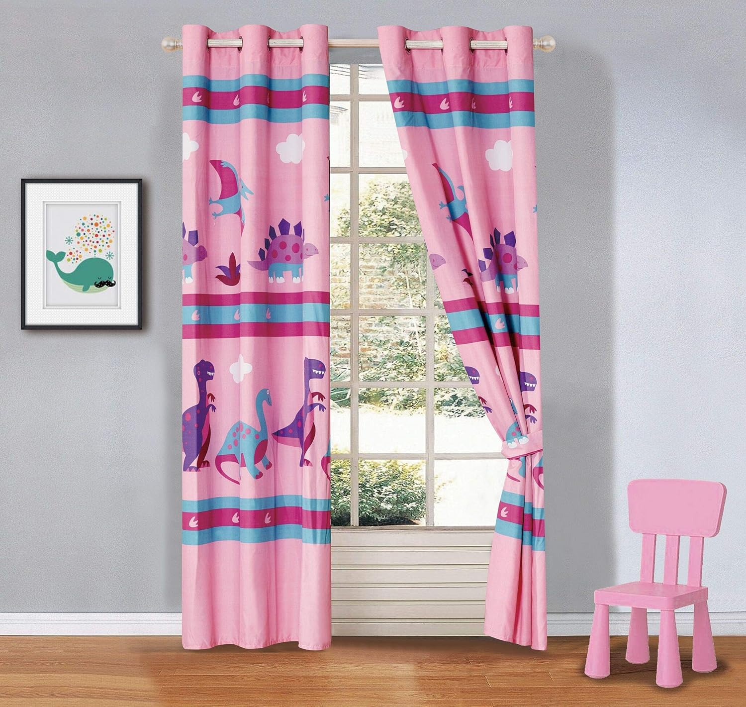 Better Home Style Printed Fun Multicolor Pink Blue Purple Dinosaurs Printed Kids/Girls Room Window Curtain Treatment Drapes 2 Piece Set with Grommets (Dinosaur Land Pink)