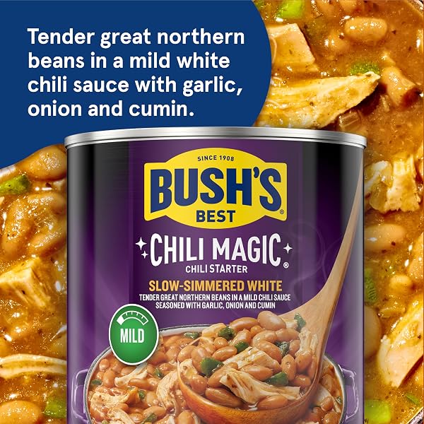 BUSH’S BEST 15.8 OZ CANNED SLOW-SIMMERED WHITE CHILI MAGIC STARTER, SOURCE OF PLANT BASED PROTEIN AND FIBER, LOW FAT, GLUTEN FREE, (PACK OF 12)