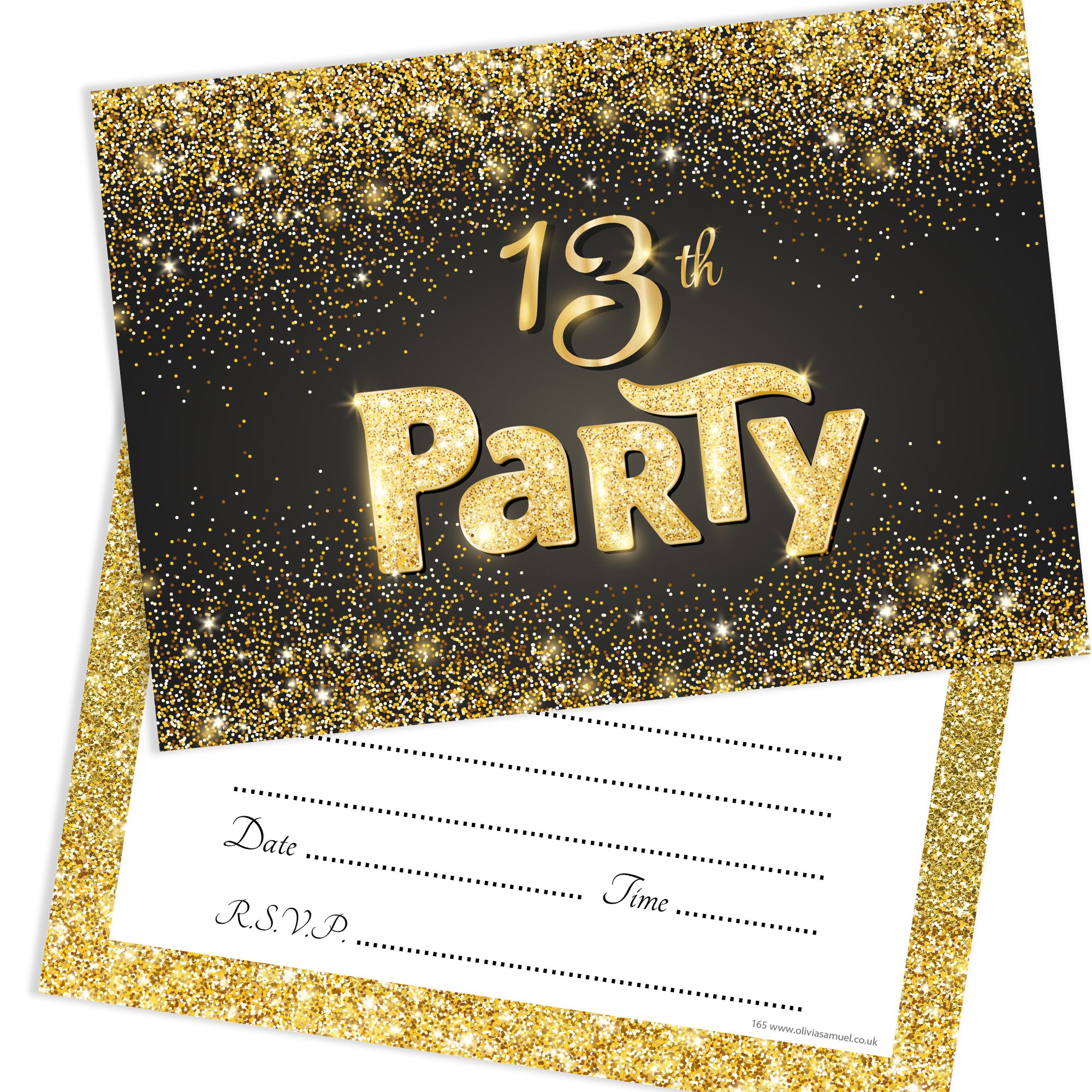 Olivia Samuel 20 x Black and Gold Effect 13th Birthday Party Invitations from Ready to Write with Envelopes