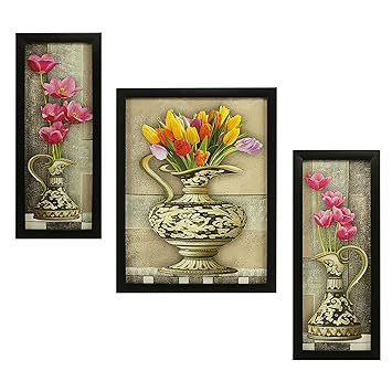 Indianara 3 Pc Set Of Flower (993) Paintings Without Glass 5.2 X 12.5, 9.5 X 12.5, 5.2 X 12.5 Inch