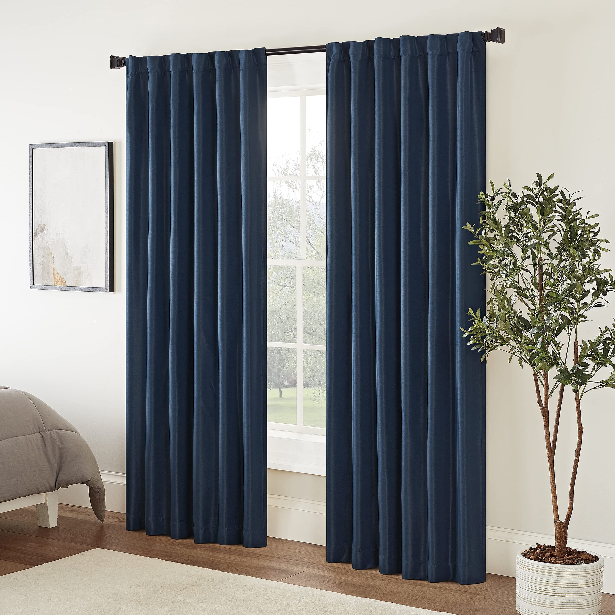 Eclipse Modern Blackout Thermal Rod Pocket Window Curtain for Bedroom (1 Panel), Polyester, Dark Blue, 52 in x 108 in