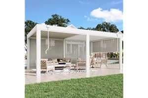 EROMMY 12x20 Louvered Pergola with Side Pull-Down Screen, Outdoor Aluminum Pergola with Thickened Frame and Adjustable Metal Rainproof Roof for Deck Patio Garden Yard, White