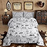 Feelyou Western Comforter Set Queen Size, White and Black Cowboy Cow Bedding Set Cowboy Comforter Desert Cactus Duvet Set Soft Bed Set 3Pcs