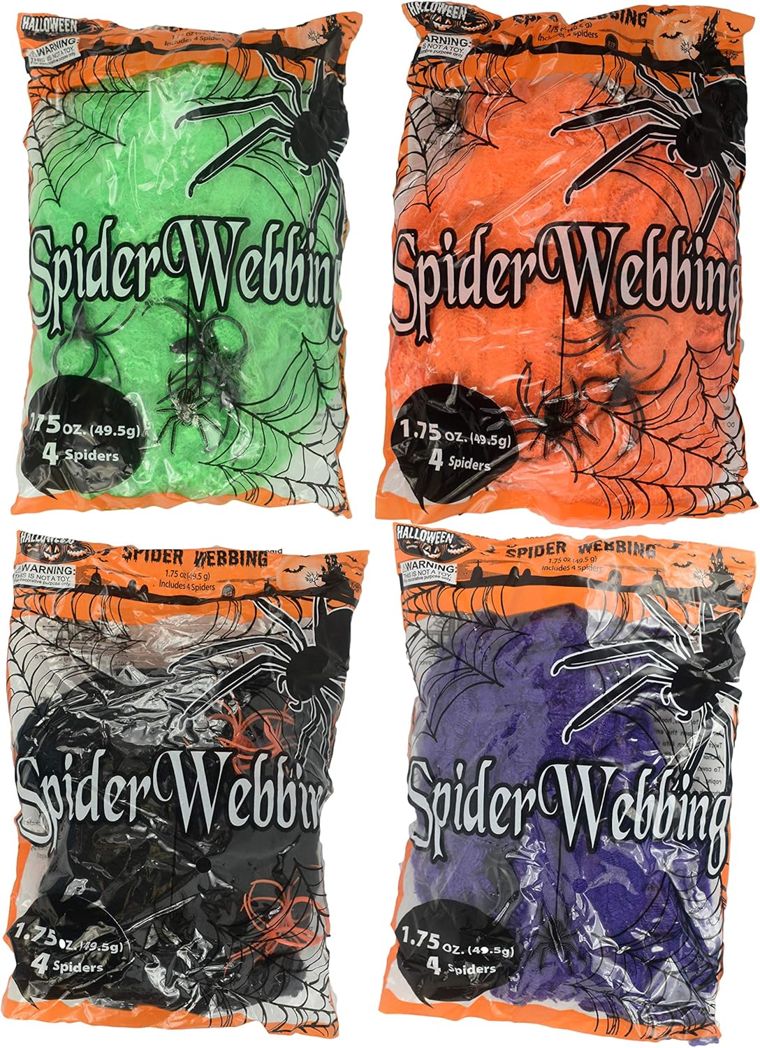 Set of 4 Spooky Stretchy Neon Colored Spider Webs! Green, Purple, Orange, Black! Perfect for Your Next Halloween Gathering! (4, Set of All 4 Colors)