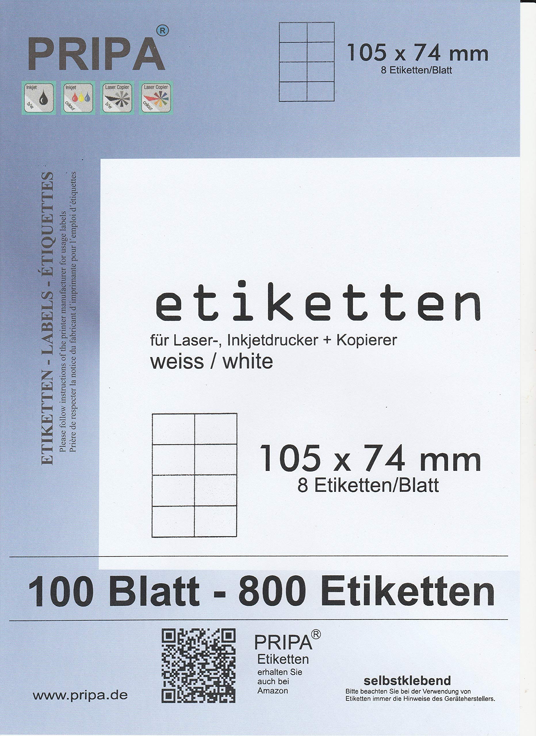pripa 100 Sheets of A4 Labels with 8 Labels Measuring 105 x 74 mm per Sheet — image 1