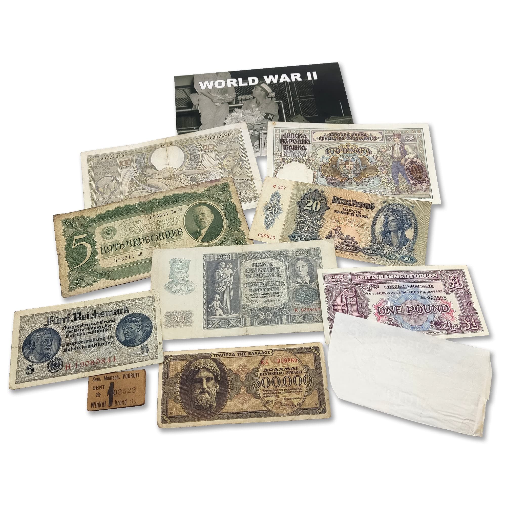 IMPACTO COLECCIONABLES 10 circulated Original Banknotes issued during World War II in Europe, with Certificate of Authenticity
