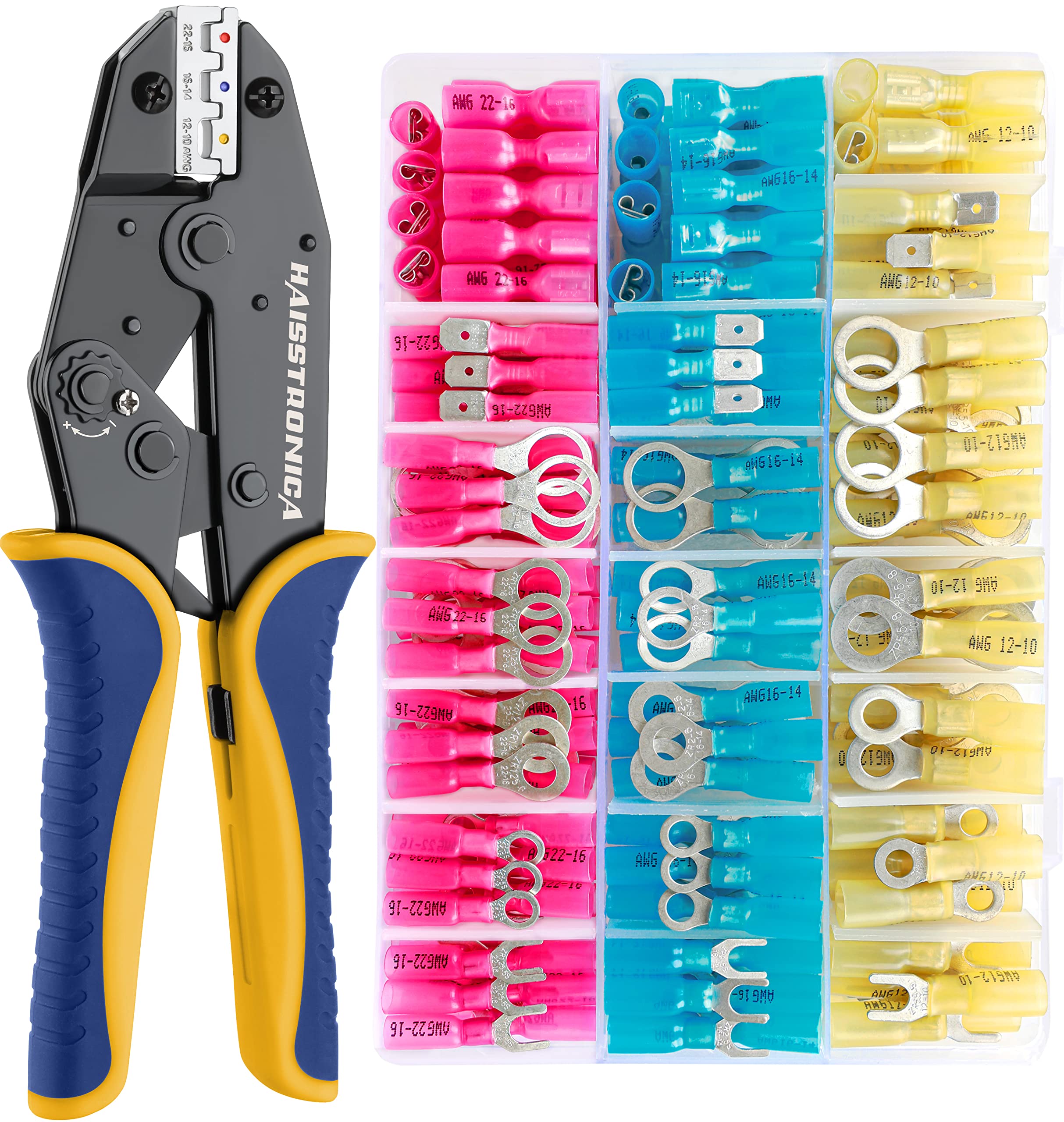 Photo 1 of haisstronica Crimping Tool for Heat Shrink Connectors HS-8327 with 280PCS Marine Grade Heat Shrink Wire Connectors,Tinned Red Copper AWG 22-10 Electrical Ring Fork Spade Splice(3Colors/21Size)