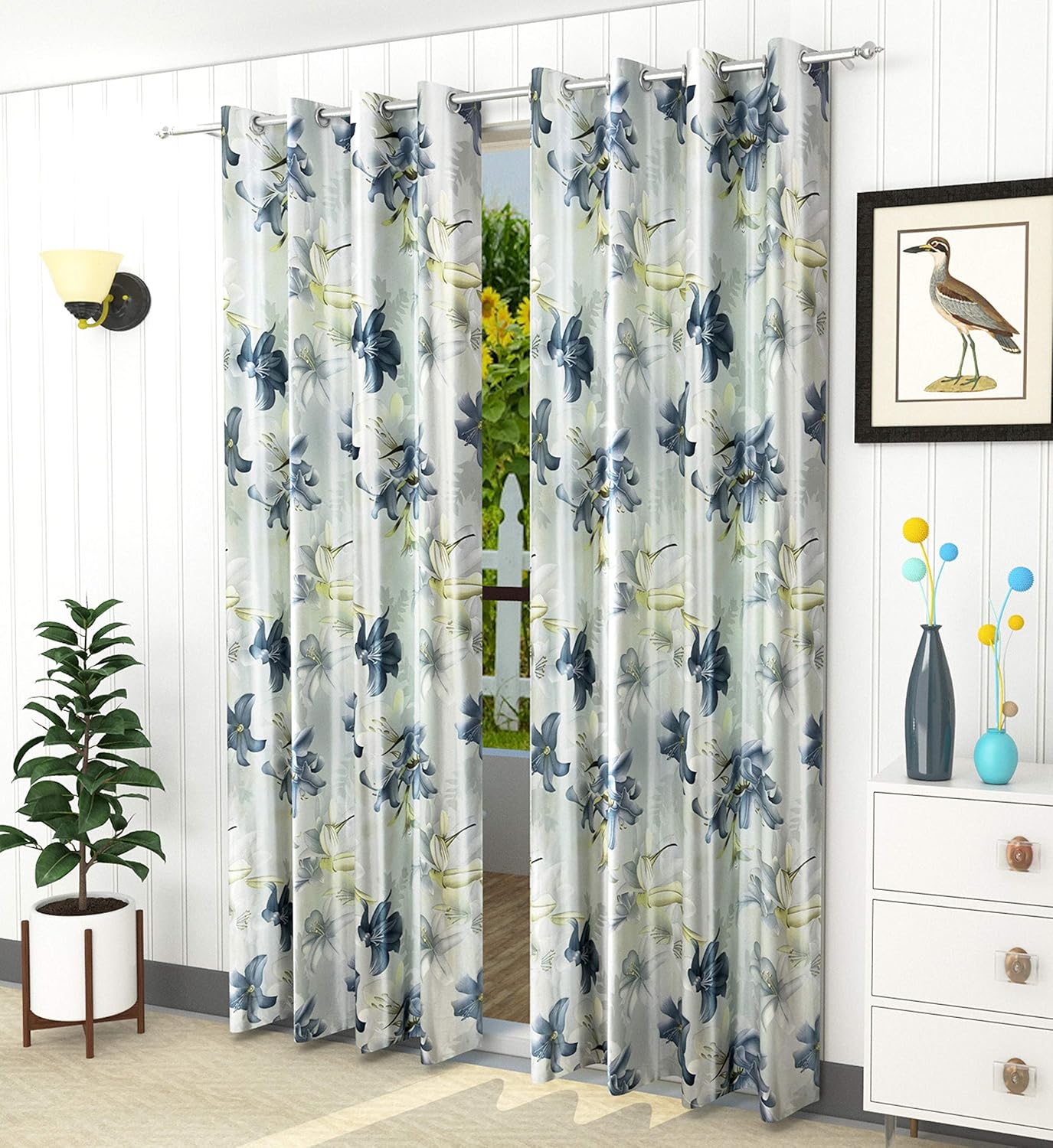 Lavichitra Polyester Floral Eyelet Long Door Curtains 8 Ft Grey
