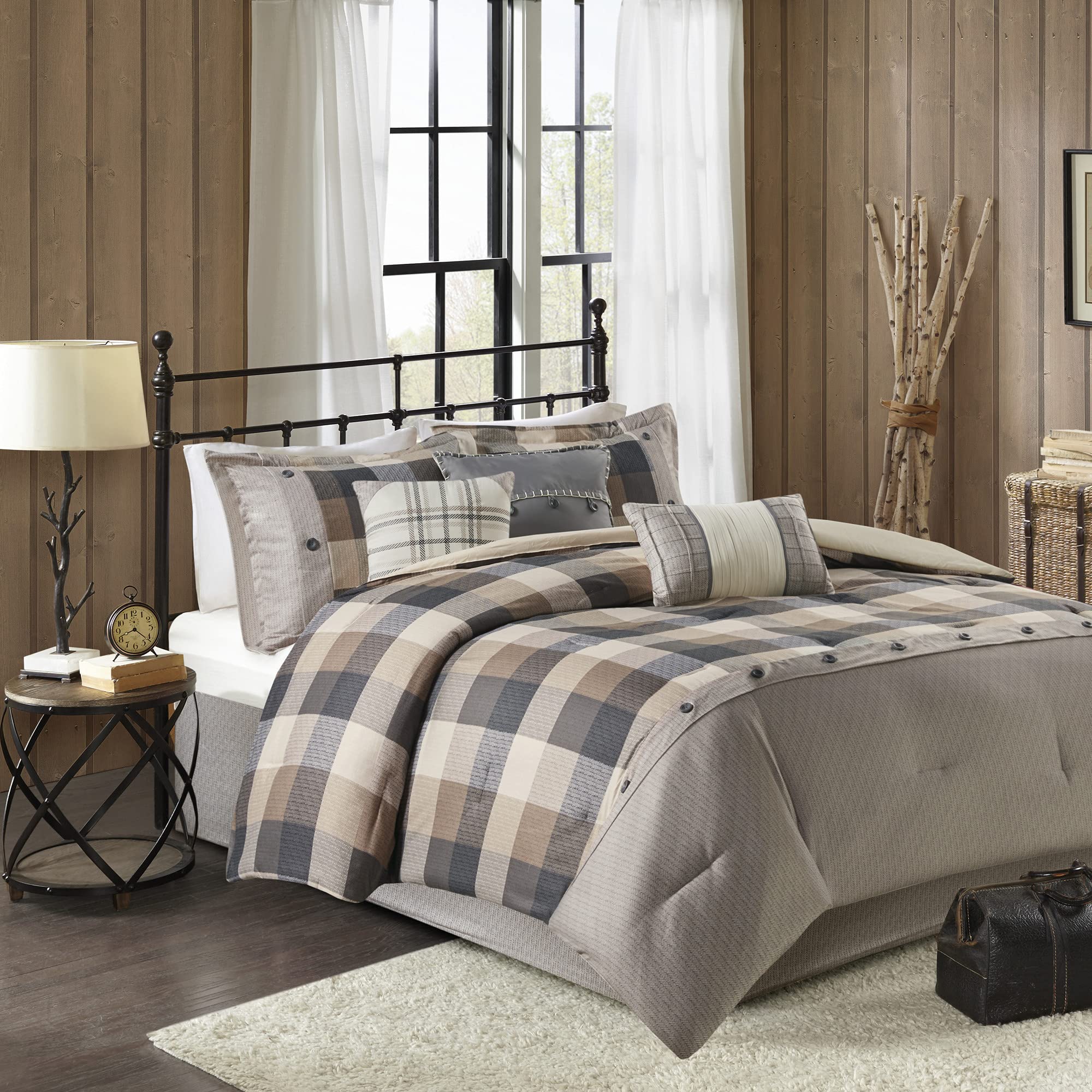 Madison Park Ridge Comforter Set-Cabin Lodge Plaid Herringbone Design All Season Down Alternative Cozy Bedding with Matching Bedskirt, Shams, Decorative Pillow, King(104"x92"), Neutral 7 Piece Image