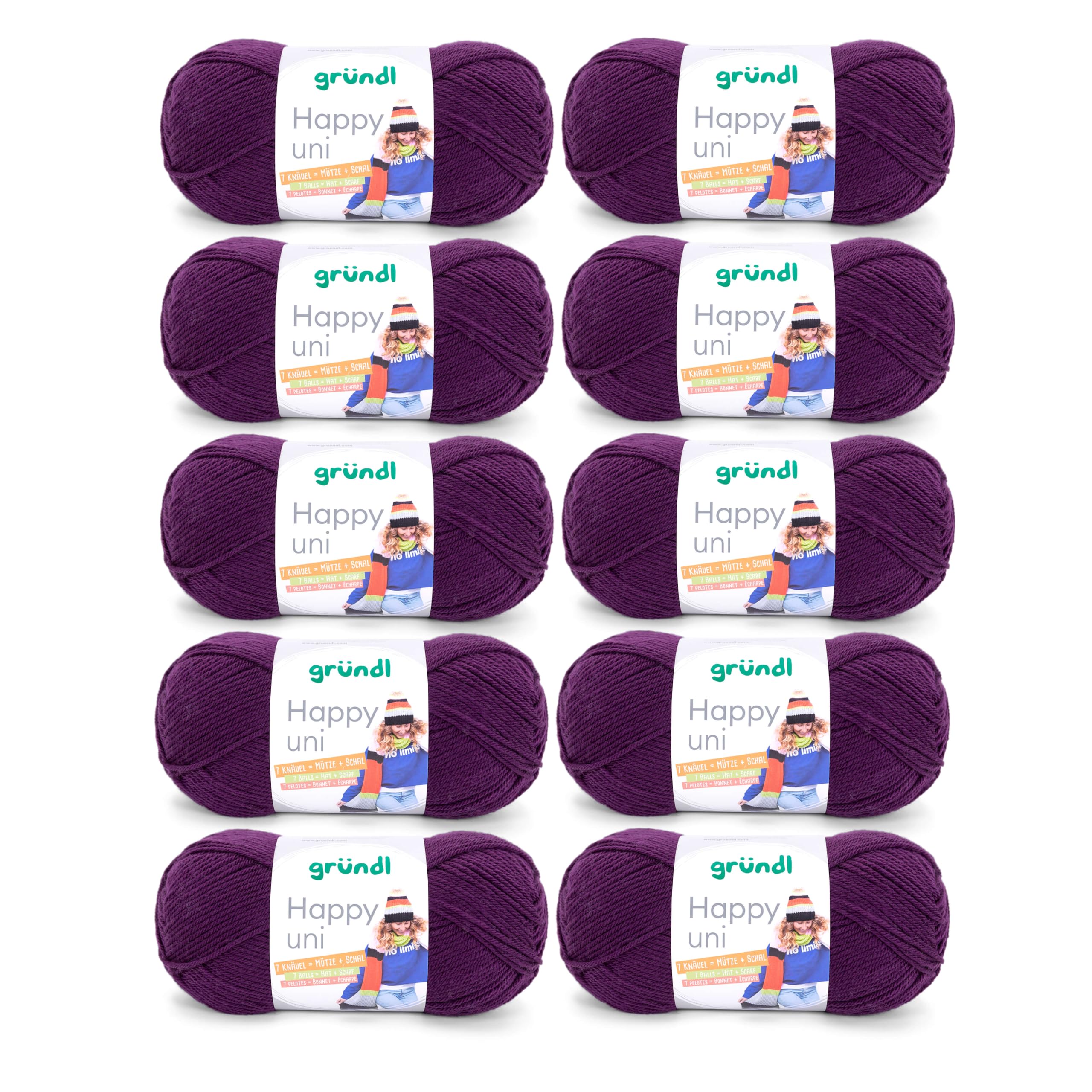 Gründl “Happy Uni”, 10x balls of 100 g knitting yarn, 100% acrylic, 40 cm x 39 cm x 9 cm, 100% Polyacrylic, plum, 40 x 39 x 9 cm