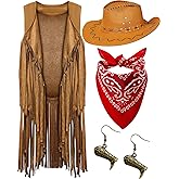 Jecery 4 Pieces Halloween Western Cowgirl Outfits Set,60s 70s Hippie Costume,Cowgirl Cosplay Fringe Vest Bandana Cowboy Hat